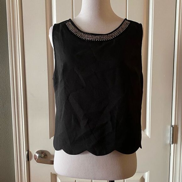 Lush Black Sleeveless Crop Top Beaded Neckline Scalloped Hemline - Picture 1 of 9